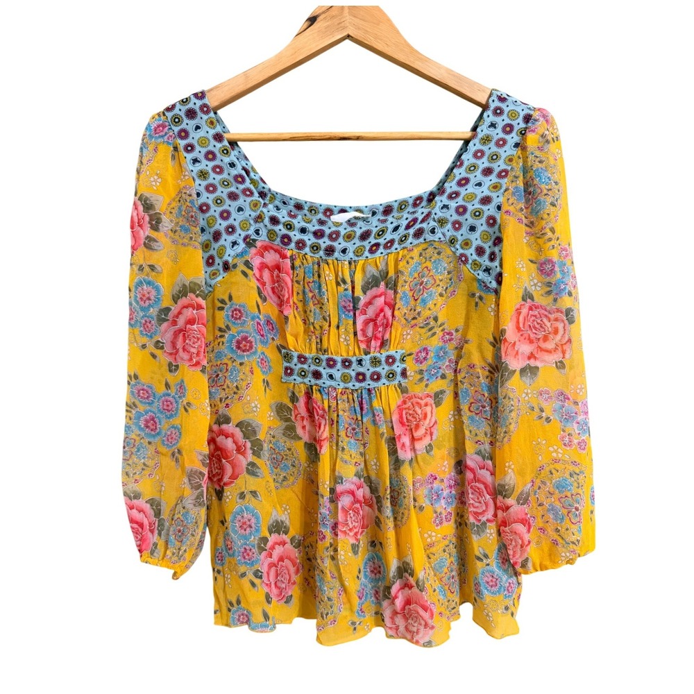 Anna Sui Blouse Womens Size 2 Yellow Floral 100% Silk Square Neck Empire Waist